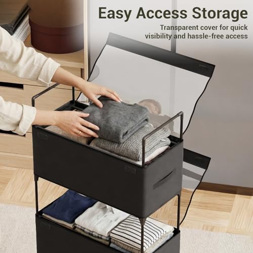 Image of Lukzer 4-Tier Clothes Organizer Basket with Wheels | Fabric Closet Storage Rack for Folded Clothes | Metal Rolling Wardrobe Shelf for Bedroom Closet & Laundry Room (Black /28x57x180 cm)
