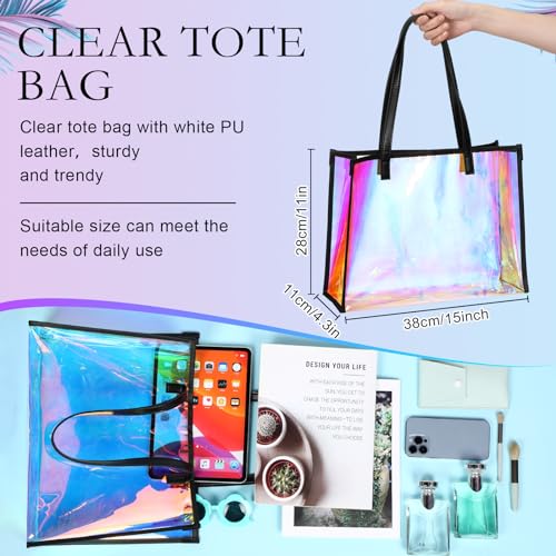 Aliceset Holographic Clear Tote Bag with Leather Handle Iridescent Bachelorette Beach Bag for Work Stadium Travel2