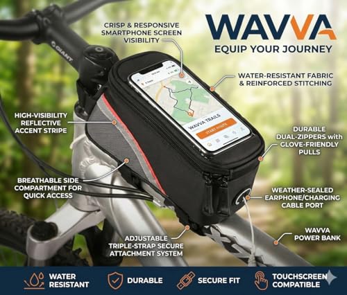 Image of Wavva Bike Bag with Phone Holder for Mountain Bike, Bike Handlebar Bag with Waterproof Touchscreen Phone Case for Every Phone with Unisex Cool Bell Mini Adjustable Bicycle Bike Accessories Black.