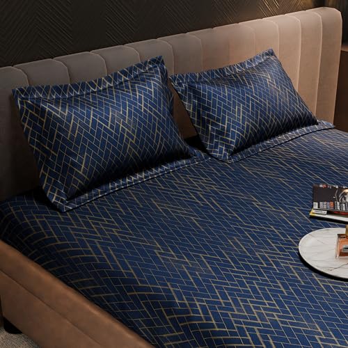Image of Stoa Paris 300TC UltraSatin King Fitted Bedsheet Set with 2 Pillow Covers, Gentle on Skin & Hair, Wrinkle & Fade Resistant, Home Decor, Gift for Couple, Starlit Night - Navy (183cm x 198cm + 30cm)