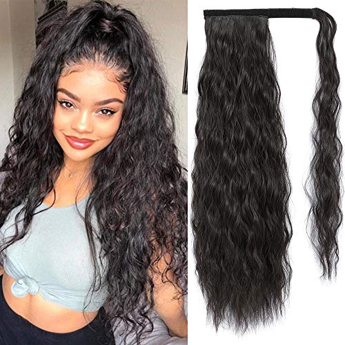 Long Ponytail Extension 24 Inch Clip-in Corn Wave Ponytail Extension Wrap Around Synthetic Wavy Curly Ponytail Magic Paste Ponytail Hairpiece for Women (Color: 4#)