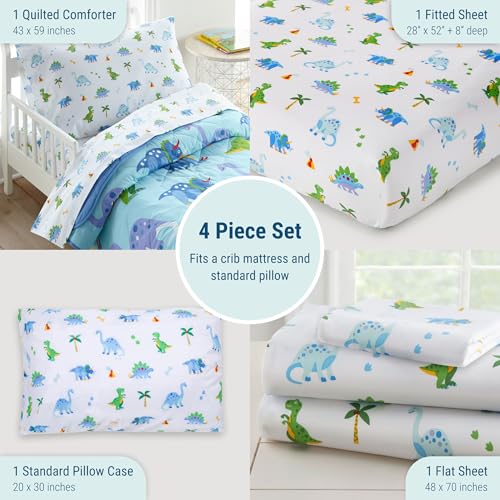 Image of Wildkin 4-Piece Toddler Bed in a Bag - Cotton Comforter, Sheets & Pillowcase for Cozy Cuddles - Dinosaur Land
