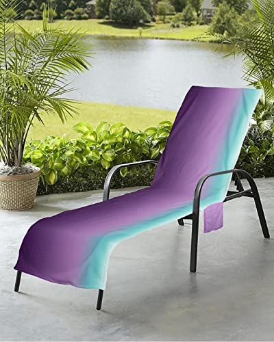 Gradient Purple Beach Chair Towel Covers for Chaise Lounge with Side Pocket, Soft Plush Pool Towels Cover for Patio Sunbathing Outdoor 29''x85'' Modern Abstract Minimalist Teal Stripe