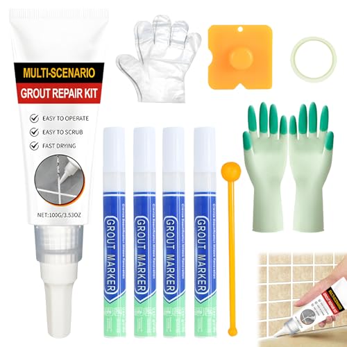 Uoxmiy Tile Grout Repair Kit, Grout Sealer and Grouts Pen with Tool, Fast Drying and WaterProof Grouts for Bathroom and Kitchen Tile Joints Line Repair(White, 100g)