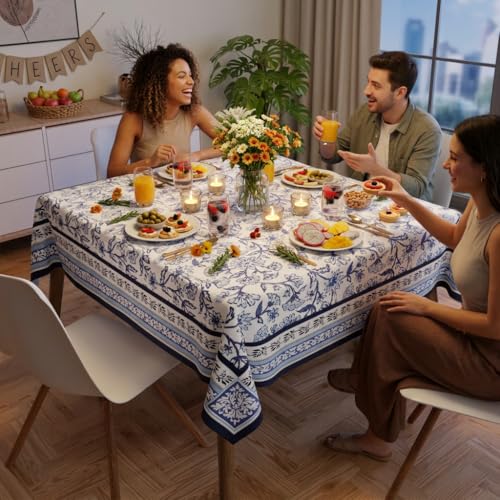 Image of Encasa XO Dining Table Cover Cloth for 4 Seater | 140x140 cm Square Table Cloth | Water Repellent Polyester Tablecloth for Indoor & Outdoor Use - Indigo Digital Print