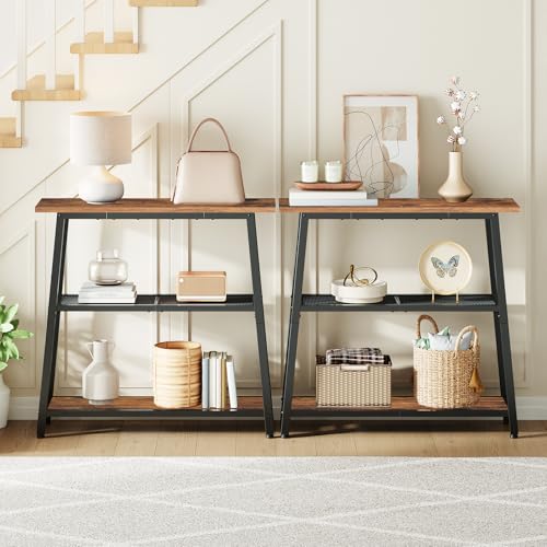 Image of HOOBRO Narrow Console Table, 3-Tier Small Entryway Table with Storage Shelves, Behind Couch Sofa Table, Hallway Table for Entryway, Foyer, Hallway, Living Room, Rustic Brown and Black BF62XG01