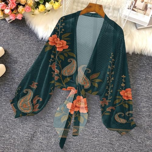 Lightweight Cardigans for Women Chiffon Printed Puff Long Sleeve Tie Front Kimono Cardigan Comfy Fall Trendy Tops2