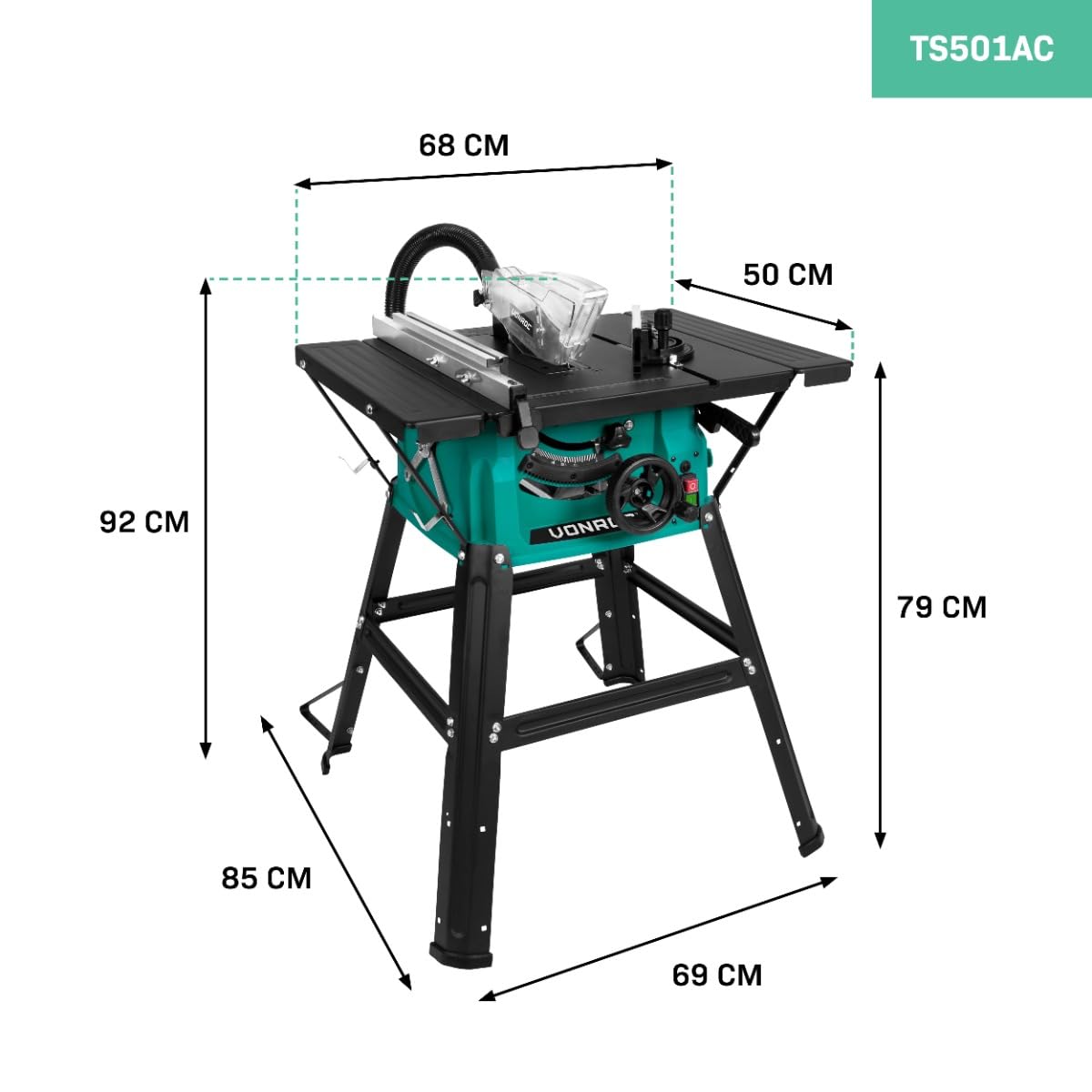 VONROC Sega circolare da banco 1500W, Ø 210 x 30 x 2.8/1.8 mm 40T. Include 2 estensioni per tavolo, una lama, un tubo per aspirapolvere e una guida parallela