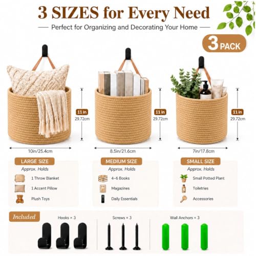 Image of Honeydak 3 Hanging Baskets, Light Linen, Cylinder, Cotton Rope