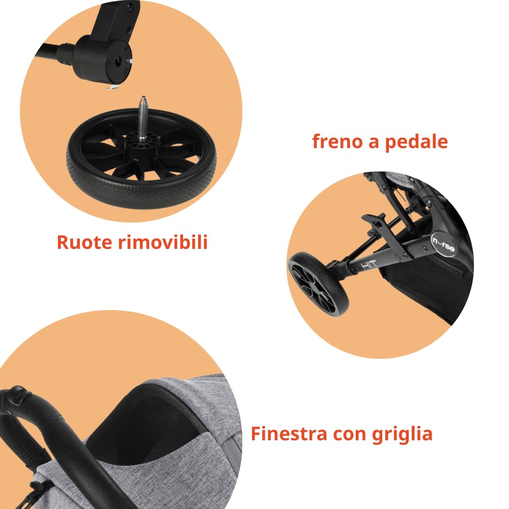 Nurse Hit Passeggino leggero fino a 22 kg, Pieghevole compatto con una mano, Maniglia per il trasporto, Schienale reclinabile, Cappottina estensibile, Grigio