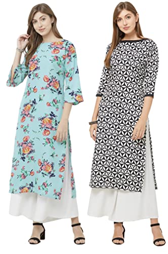 Image of GoSriKi Women's Multicolor Printed Straight Kurta - Pack of 2