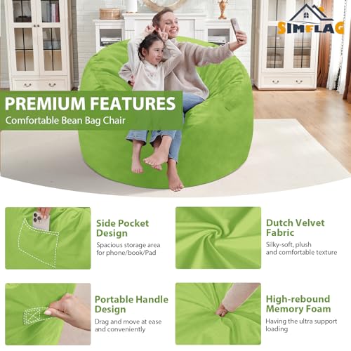 3FT Bean Bag Chair, Comfy Bean Bag Chairs with Memory Foam Filled, Fluffy Beanbag Sofa with Dutch Velvet Cover, Round BeanBag Chairs for Living Room, Playroom - Lime