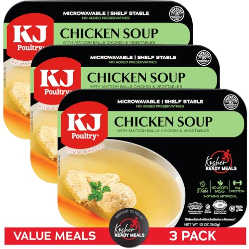 KJ Poultry Kosher Ready Meals - Matza Ball Chicken Soup &amp; Vegetables, CHOMETZ NOT for PASSOVER, MRE Meat Meals Ready to Eat, Shabbos Food, Halal, (3 Pack) Cooked Entree, Shelf Stable Microwave Dinner