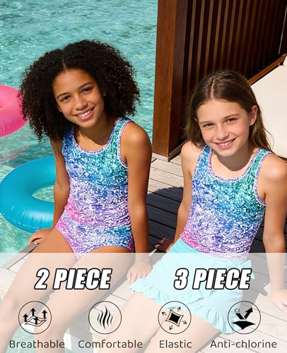 Image of Girls Swimsuit 3 Piece Bathing Suit Quick Dry Tankini Set with Cover Up Beach Skirt Tankini Swimwear 5-16 Years