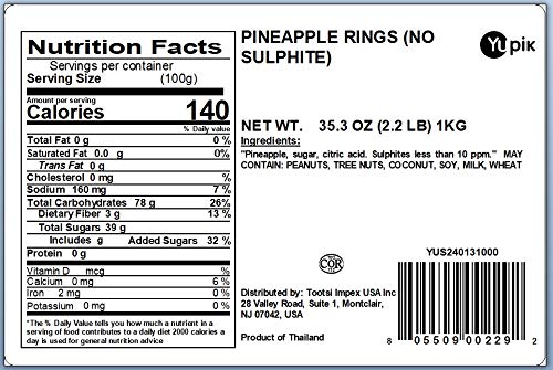 Yupik Pineapple Rings, Sulphite-Free, 2.2 lb (35.2 oz), Gluten-Free, Kosher, Sweetened Tropical Dried Fruits, Sliced Pineapple, Chewy, Source of Fiber, Fruity Snacks, Ideal for Baking & Topping
