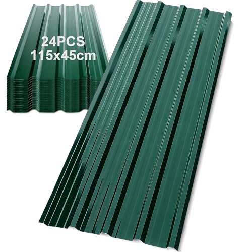SROCHN 24x Metal Roofing Sheets 115x45CM, Green Pattern Galvanized Steel 0.25mm Corrugated Roof for Carports Tool Sheds Greenhouse Wall Cladding