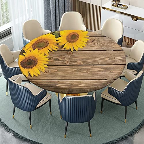 Sunflower Fitted Tablecloth Round - 60 Inch Table Cloth - Wood Grain Background Country Style Elastic Edge Table Covers - Indoor Kitchen Dinning Room or Outdoor Picnic Party Dining Tables Decoration