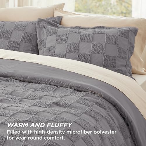 Image of Bedsure Grey King Size Comforter Set, Boho Tufted Bed Set, Checkered Farmhouse-Style Distressed Vintage Bedding, 3 Pieces, 1 Plaid Geometric Comforter and 2 Pillow Shams