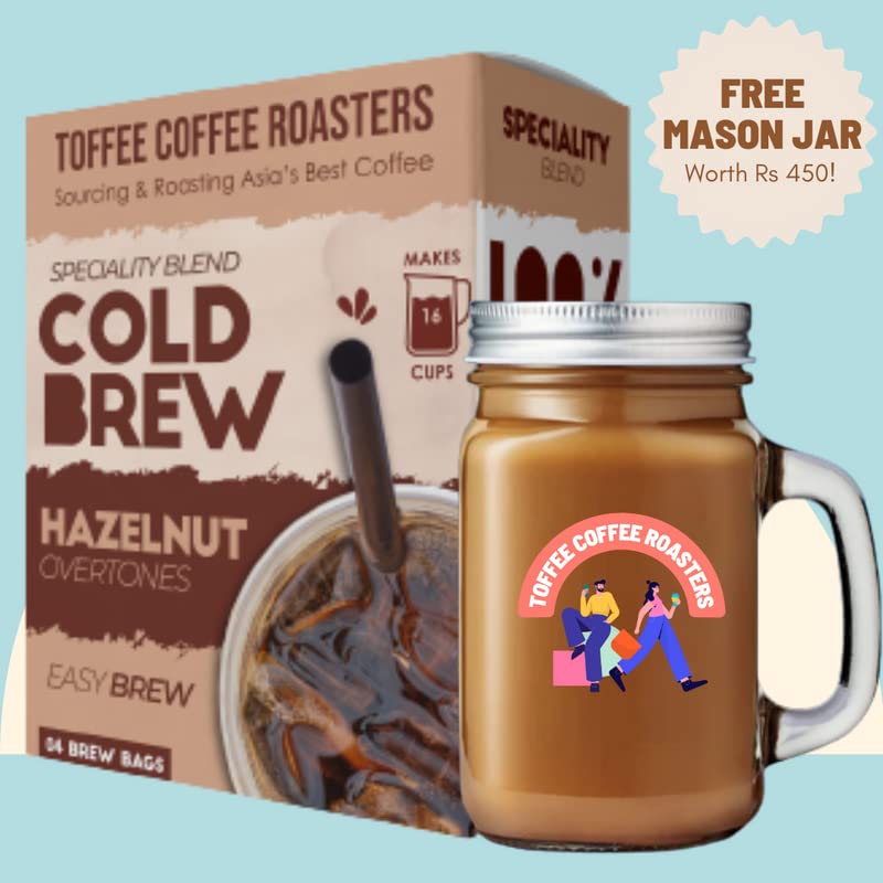 Image of Toffee Coffee Roasters | Hazelnut Cold Brew | Free Mason Jar | Easy Brew Grounded Coffee Freshly Roasted | Pack of 3 Bags | 100% Arabica | Makes 12 Cups