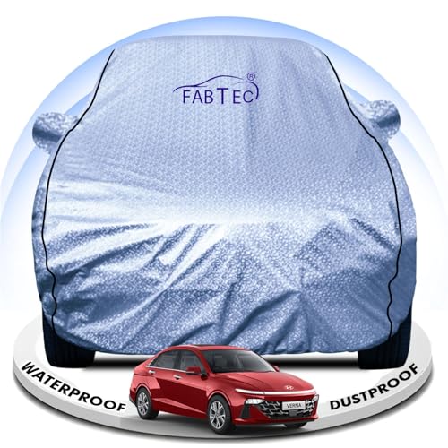 Image of FABTEC Metallic Silver Waterproof Car Body Cover for Hyundai Verna Sun, UV and Dust Protection with Mirror Pocket (Reflective Silver with Black Piping)