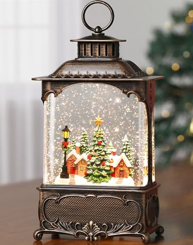 Gorrzai Christmas Snow Globe Lantern with Music Timer Swirling Glitter, Lighted Christmas Decorations Indoor Light Up Musical Lantern Holiday Decor Gift, Forest House Scene, USB or Battery Operated