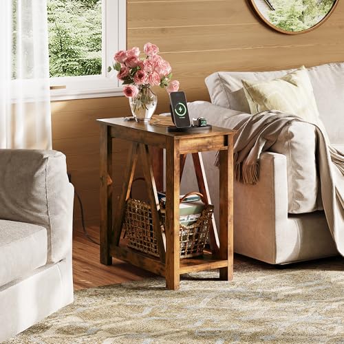 Image of WLIVE Farmhouse End Tables Living Room, Narrow Side Table with Charging Station, Slim End Table, Side Table for Bedroom, Small Spaces, 2 USB and 2 Power Outlets, 11.8 inch D x 23.6 inch W x 23.74 inch H