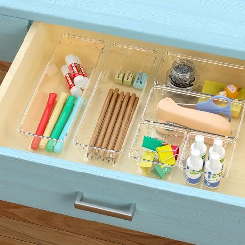 Image of Clear Plastic Drawer Organizers Set, 4-Size Versatile Bathroom and Vanity Drawer Organizer Trays, Storage Bins for Makeup, Bedroom, Kitchen Gadgets Utensils and Office (12 PC SET)