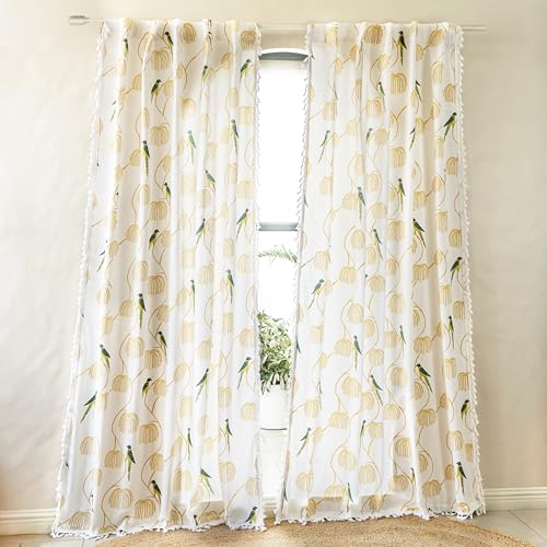 Image of Tranquebar Curtain Co. Cotton Curtains 8 Feet Long, 60-65% Room Darkening, Blue Bird Print, Door Curtain, Boho Curtains For Living Room With Tassel Lace, BackTab Loops, Design Mithu (244 cm) - 1 Piece