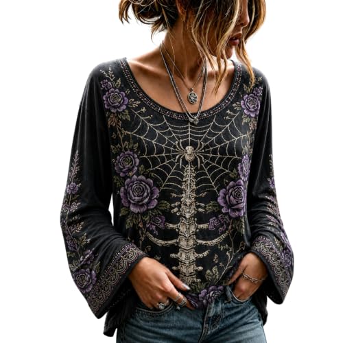 Womens Halloween Shirts Skeleton Shirt Floral Graphic Bell Sleeve Top