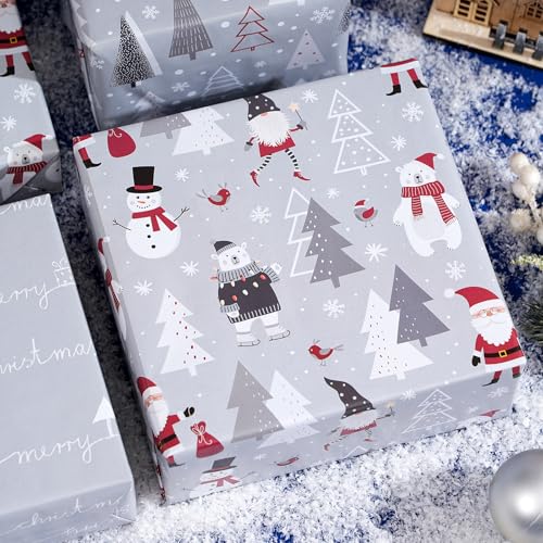 PlandRichW Winter Christmas Wrapping Paper - 6 Jumbo Xmas Sheets 28\"x40\" with Trees, Reindeer, Santa & Snowman Patterns - Holiday Gift Wrap for All Ages, Easy - Storage Flat Sheets