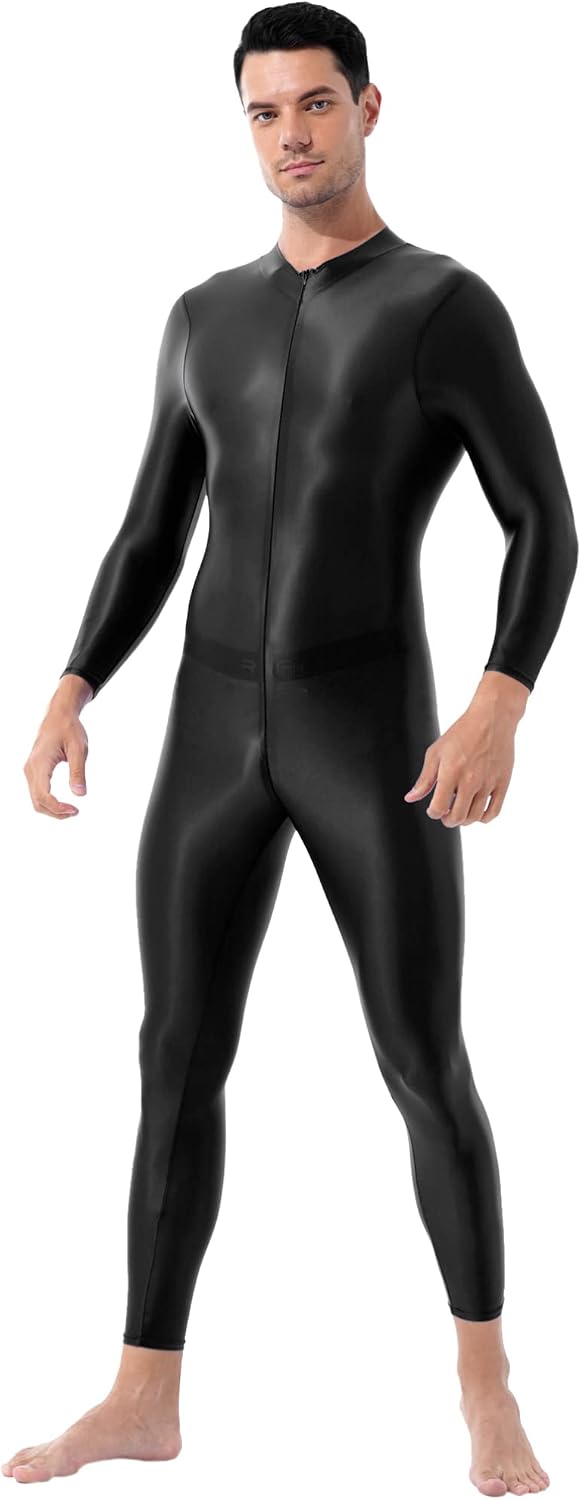Men's Glossy Lingerie Double-ended Zipper Leotard Full Body Yoga Bodybuilding Sports Jumpsuit