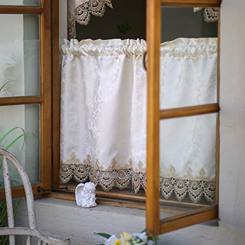 Sutavia Classical Lace Kitchen Curtain Set 2 Panels For Window Farmhouse Cafe Curtains Beige Fabric With Champagne Lace Rod Pocket Window Treatment Country For Kitchen Bedroom Living Room Bathroom  #TOP6