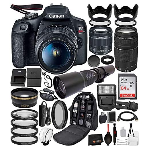 Canon EOS Rebel T7 Digital SLR Camera with EF-S 18-55mm IS II (2727C00 USA), Canon EF 75-300mm Lens and 500mm PRESET Lens with T-Mount Adapter and 22PC Professional Bundle
