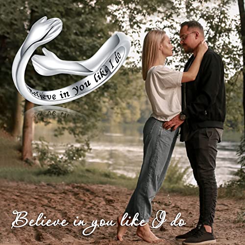 Hug Ring For Women Sterling-Silver Adjustable - White Gold Plated Hand Hugging Hug Rings For Teen Girl Women Mens Mom And Daughter Mother's Day Birthday Holiday Jewelry Gift 5-8# #TOP6