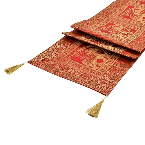 Image of E-EZRA Decorative Dining Table Runner Silk Runners Ends Tassels on Both Sides Banarasi Brocade Silk Tablecloth Decorative 6 Seater Runner Long Size 16x60 Inch (Red)