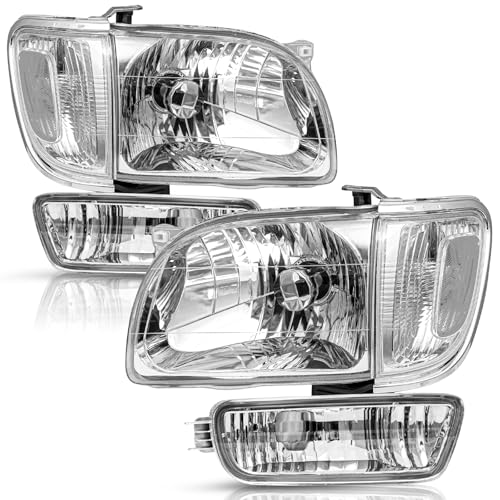 TUSDAR Headlight Assembly Set with 01-04 Toyota Tacoma with Bumper Light Driver and Passenger Side (Chrome Housing with Clear Reflector)