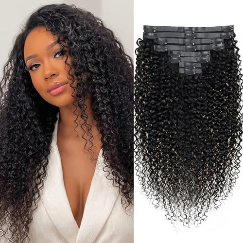 18 Inches Seamless Kinky Curly Clip in Hair Extensions Real Human Hair #1B Natural Color Brazilian Virgin 3c 4a Curly Clip ins Human Hair Extensions