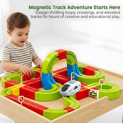 Image of Cable World Magnetic Suspended Orbit Train Track Set for Kids, 149 PCS DIY Magnetic Wall & Floor Railway Track with 1 Rechargeable Magnetic Train, USB Charging, STEM Construction Toy for Kids