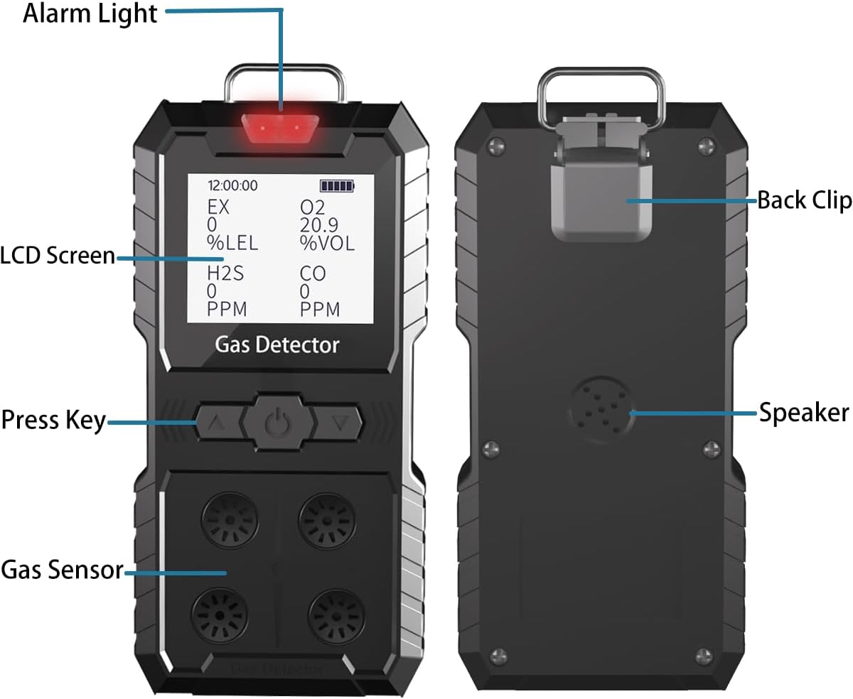 4 Gas Monitor, Continuous Detection of H2S, CO, LEL, O2 with Vibration, Sound & Light Alarms, Waterproof and Explosion-Proof, Portable Clip-On Design for Work Home, Long Battery Life