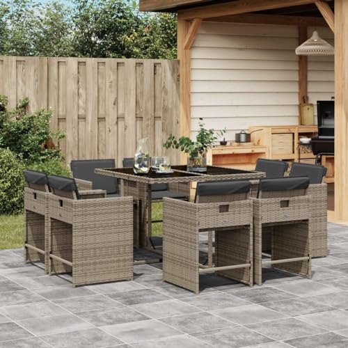 KCCKOM Garden Furniture Set 9 Piece Patio Dining Set with Cushions Gray Poly Rattan
