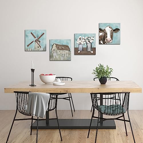 Fushvre Farmhouse Canvas Wall Decor Vintage Barn Cottage Cow Windmill Pictures Prints Rustic Farm Painting Framed 12" X12 Teal #TOP1