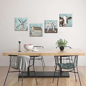 FuShvre Farmhouse Canvas Wall Decor Vintage Barn Cottage Cow Windmill Pictures Prints Rustic Farm Painting Framed 12 x12 Teal