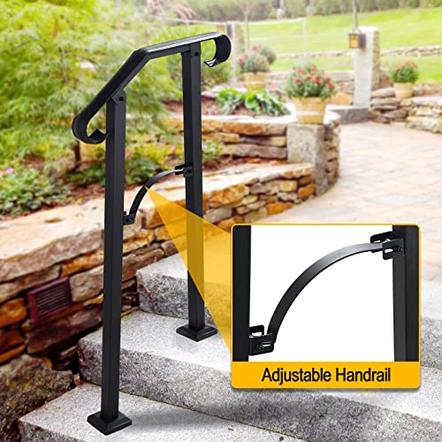 Outdoor Stair Rail Real Iron Metal, Hand Railing Fits 1 Or 2 Steps Flexible Transitional Handrail W/Installation Kit Hand Rails For Concrete Or Wooden Steps Or Stairs (2 Steps, 1) #TOP2