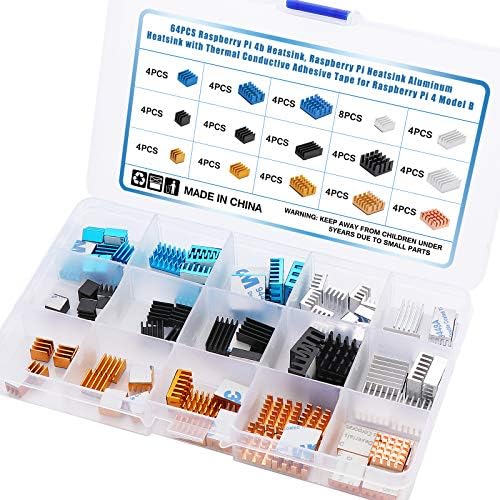 WiMas 64PCS Heatsink Kit, Raspberry Pi Heatsink Aluminum Heatsinks 15 Sizes with Thermal Conductive Adhesive Tape for Raspberry Pi 4 B