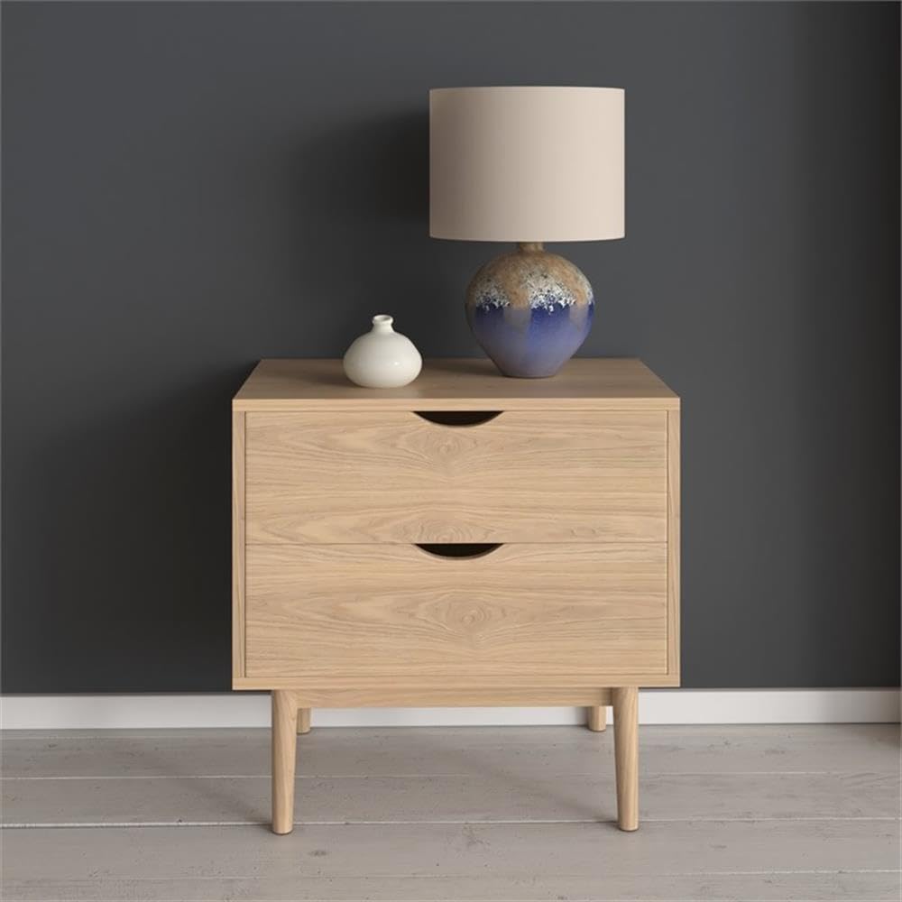 Pemberly Row Contemporary Wood Nightstand, Light Oak Finish, 2-Drawer Storage, Scandinavian Style, Solid and Engineered Wood, 22.75" W x 15.75" D x 22" H, Minimal Assembly Bedroom Furniture