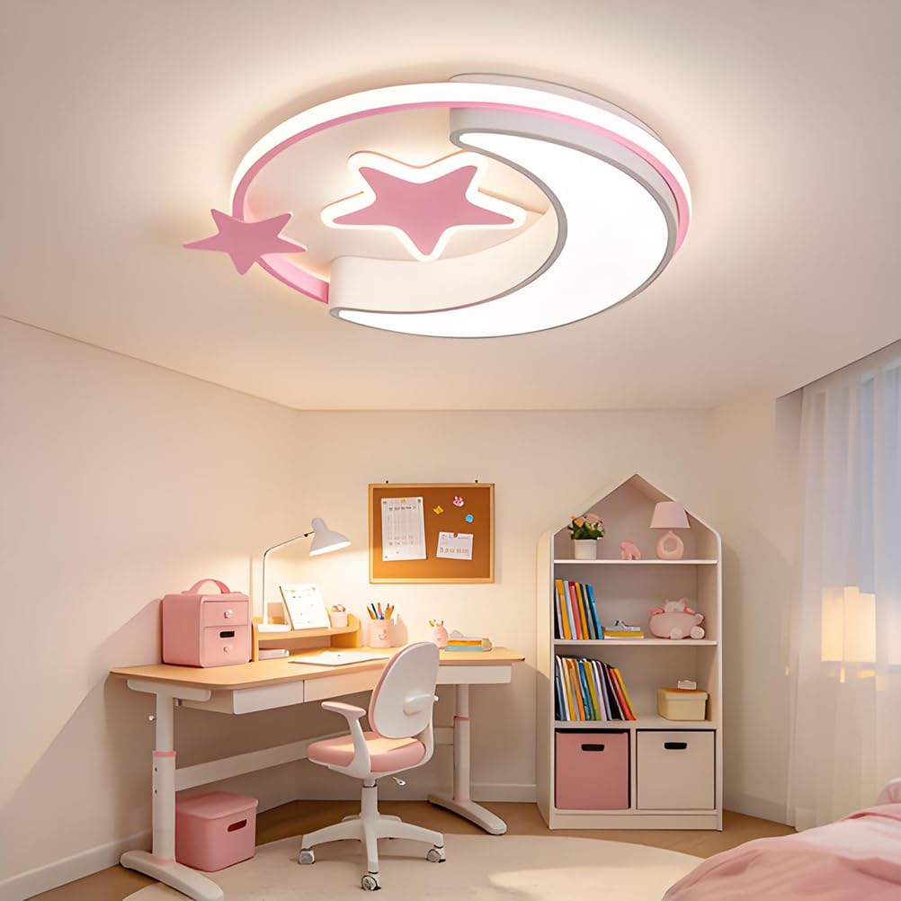 AoLa Lampa sufitowa pokoju dziecięcego ściemnialna za pomocą pilota wzór gwiazdy i księżyca okrągła nowoczesny i kreatywny design dla chłopców i dziewczynek dekoracja pokoju 3000K-6000K,Pink