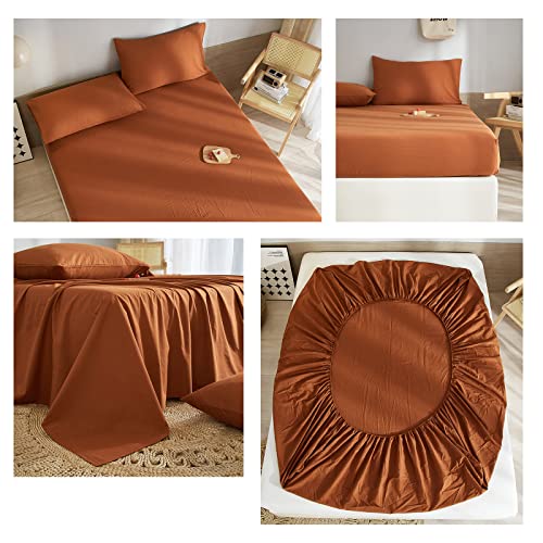 Pumpkin Caramel Sheets For Queen Size Bed, Rust Color 4 Pieces Bedding Sheets Deep Pocket Up To 16 Inch, Soft Washed Microfiber Cooling Sheets, Easy Fit Solid Bedding Sheets & Pillowcases Set #TOP6