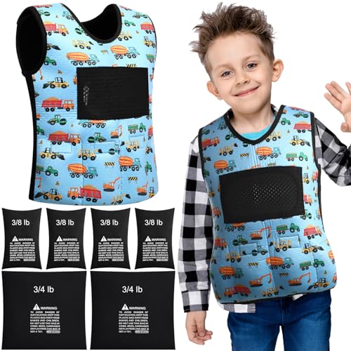Image of Janmercy Weighted Vest for Kids Ages 2 to 9 Adjustable Neoprene Compression Vest Removable Weights Breathable Comfort Toddler(Truck,Medium,Dark Blue)