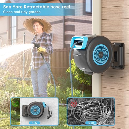 Image of Garden Hose Reel,1 /2 Inch x 82FT Water Hose (GASE2001), Super Heavy Duty, Any Length Lock, Slow Return System, Wall Mounted and 180 Deg Swivel Bracket
