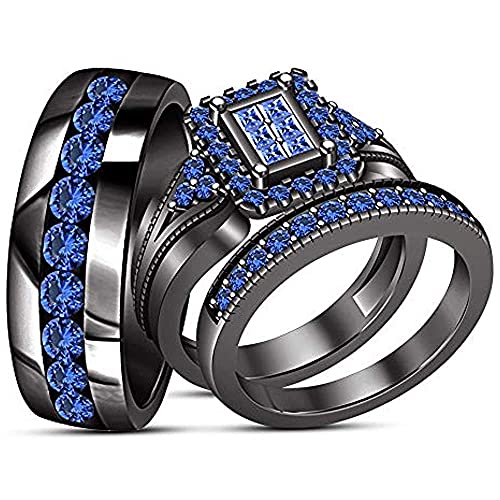 Princess & Round Cut Created Blue Sapphire His & Hers 3-pcs Engagement Ring Band Set 925 Sterling Silver 14K Black Gold Plated